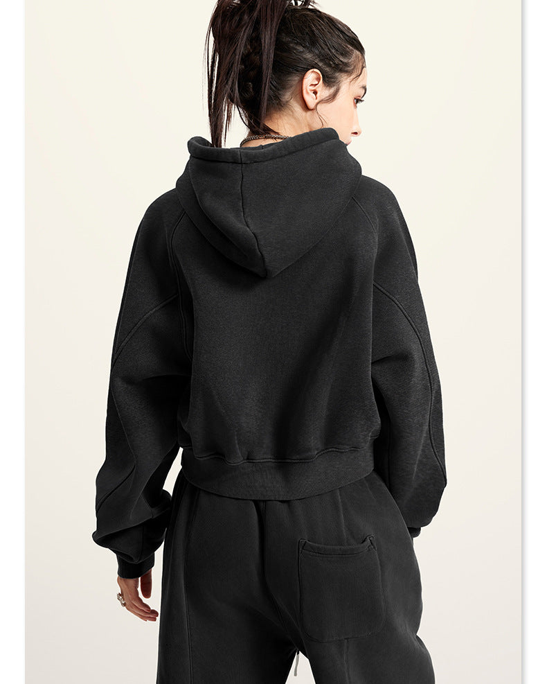 Black cropped hoodie, back view