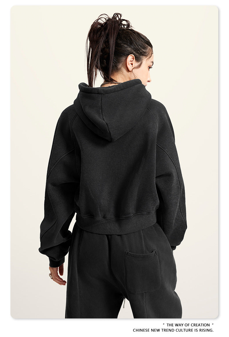 Black cropped hoodie, back view