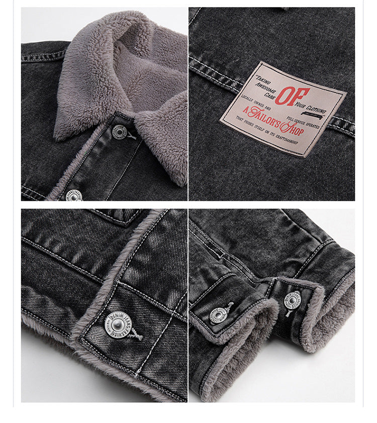 Close-up detail of sherpa collar, OP Sailor's Shop patch, metal buttons and stitching on denim jacket