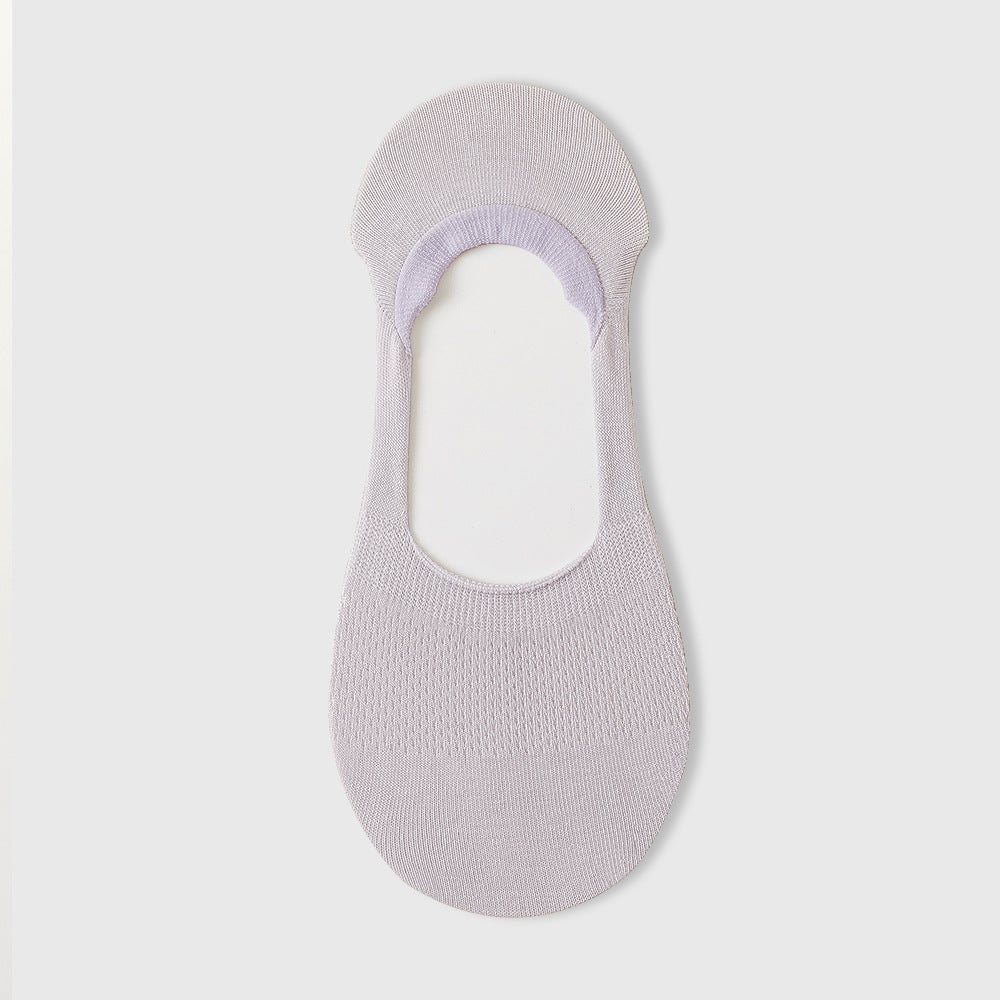 Lavender no-show sock liner with ribbed texture, photographed against white background