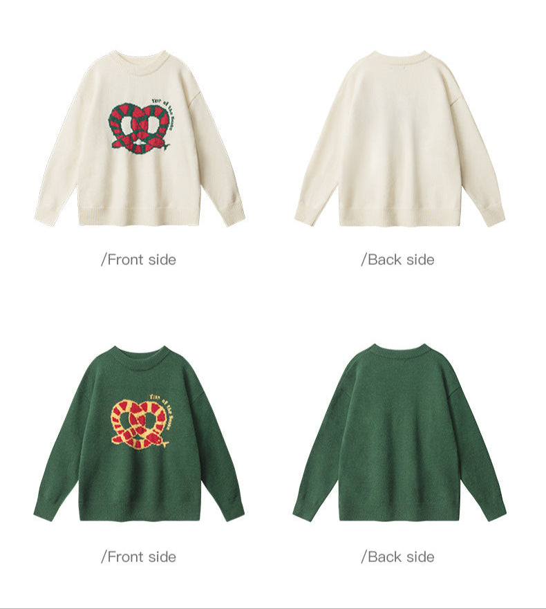 Front and back product views of sweaters in white and forest green