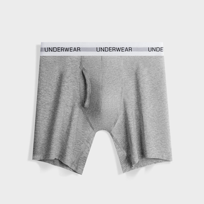 Gray boxer briefs with "UNDERWEAR" waistband, featuring a classic fit and functional fly design