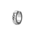 Silver huggie earring with tribal design engraving displayed against white background