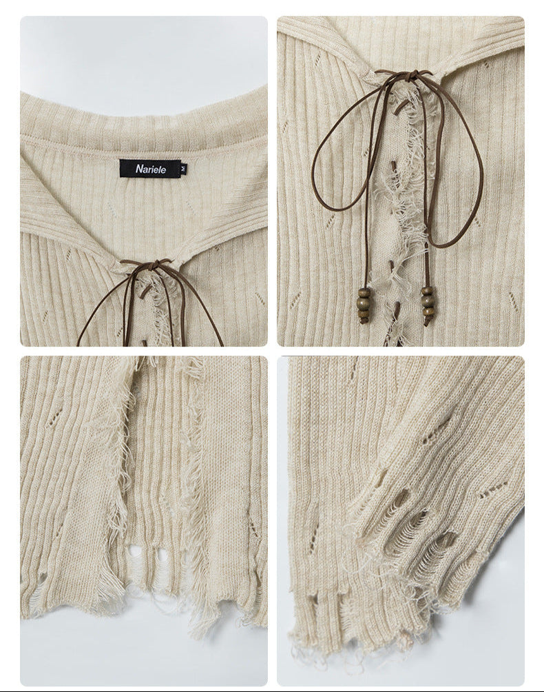Design point details of cream sweater showing: 1. Nariele brand label and collar construction 2. Lace-up detail with beaded ties 3. Distressed center front detail 4. Distressed hem detail. 