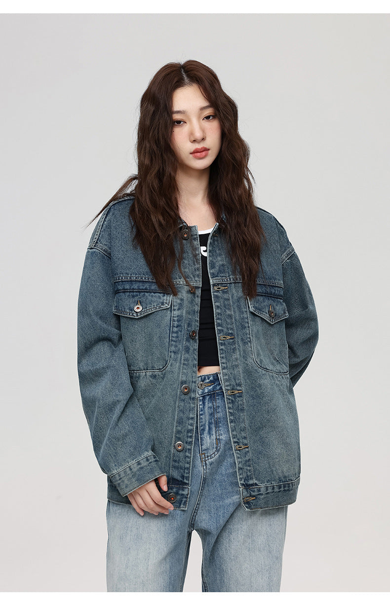 Chaqueta vaquera azul de lavado medio de gran tamaño