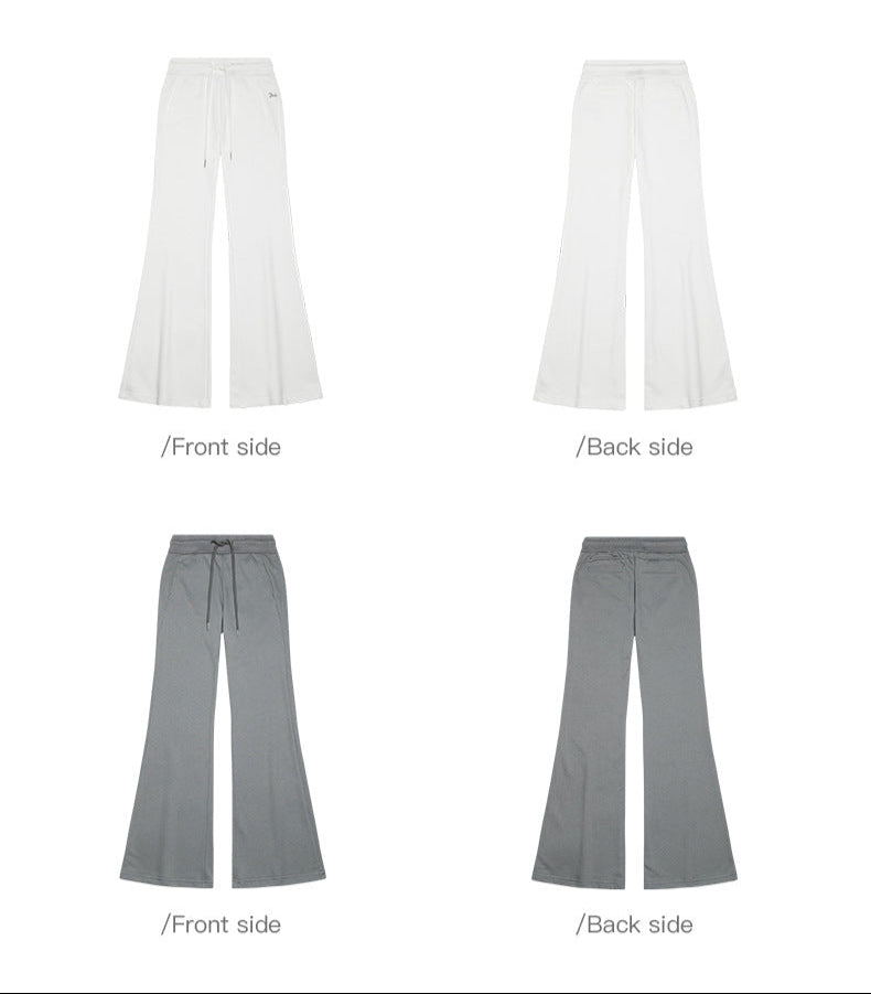 White and gray flared pants product views showing front and back details