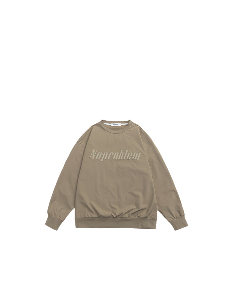Flat-lay of the beige "NoProblem" sweatshirt, featuring ribbed cuffs and hem for added comfort