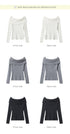 Off-shoulder fitted sweater in three colors - white, grey, and black. Each shown from front and back with folded cowl neckline and long sleeves.