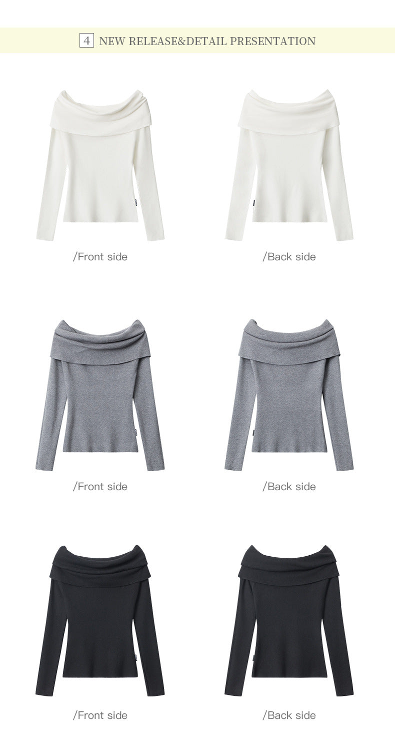 Off-shoulder fitted sweater in three colors - white, grey, and black. Each shown from front and back with folded cowl neckline and long sleeves.