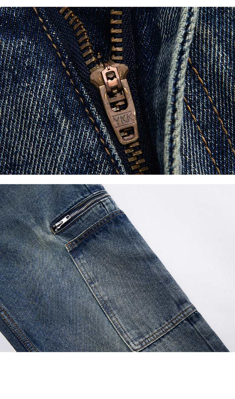 Detail shots showing quality YKK zipper fly and utility pocket with silver zipper accent on washed denim cargo jeans