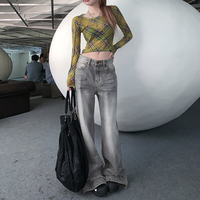 Mocha Gray High-Waisted Wide-Leg Jeans with Distressed Finish
