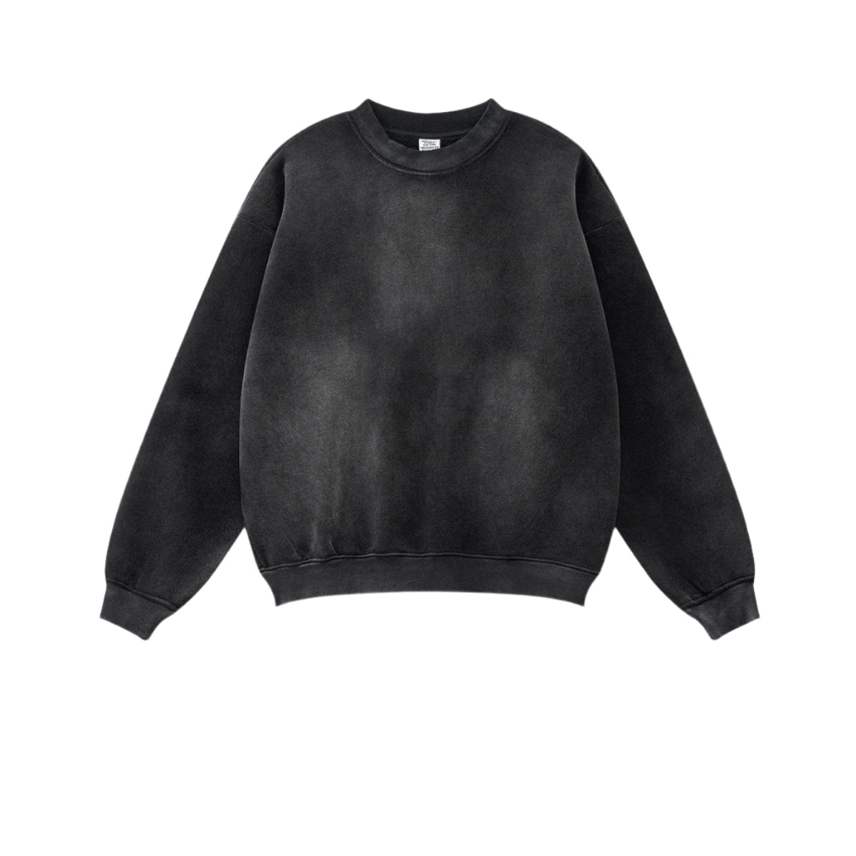 Washed black crewneck sweatshirt with vintage finish, plain front without graphics, ribbed collar, white tag visible, product photography