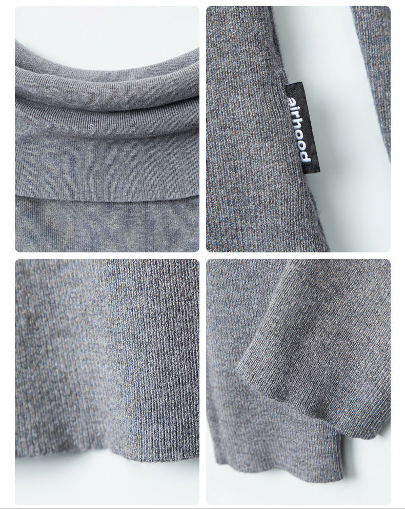 Close-up details of grey sweater showing layered cowl neck construction, Airhood brand label, and ribbed knit texture.