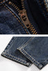 Detail shots of wide-leg jeans featuring metal YKK zipper and traditional hem construction with visible stitching