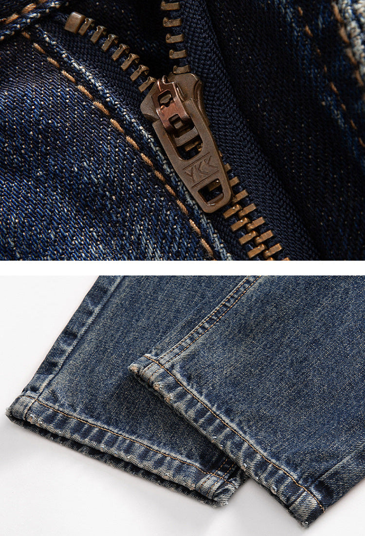 Detail shots of wide-leg jeans featuring metal YKK zipper and traditional hem construction with visible stitching
