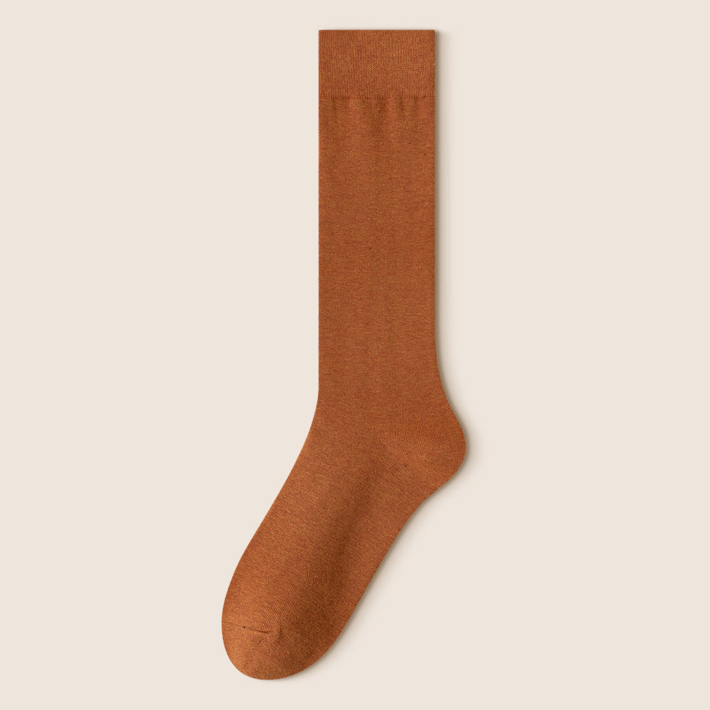 Single camel brown knee-high sock displayed showing full length and texture