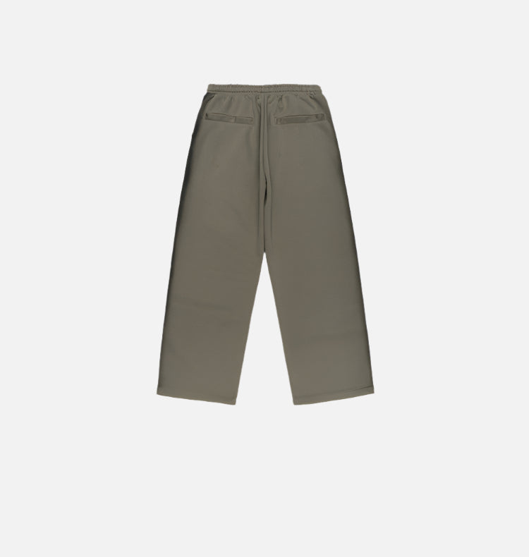 Back view of olive green sweatpants, featuring two welt pockets and an elastic waistband, displayed flat