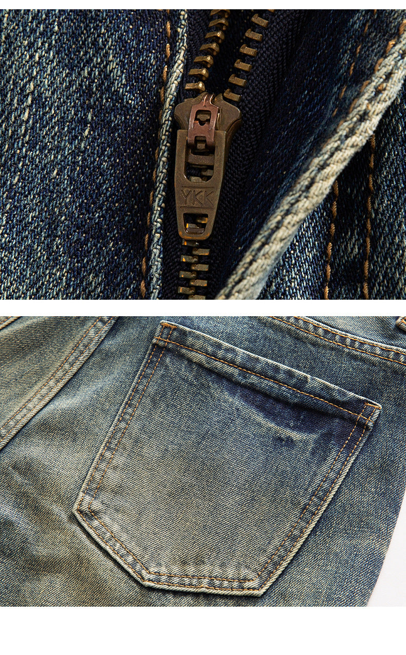 Light wash wide leg jeans with straight cut silhouette and classic 5-pocket design