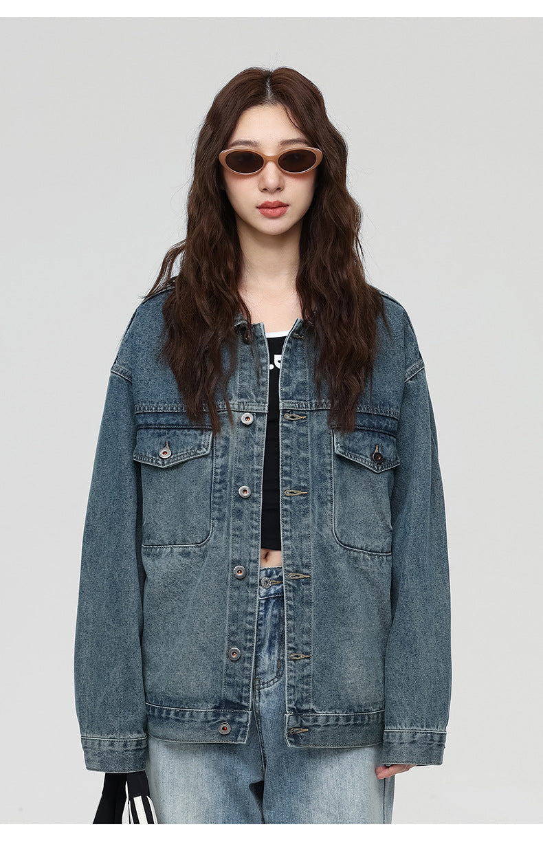 Chaqueta vaquera azul de lavado medio de gran tamaño