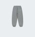 A pair of gray jogger sweatpants with an elastic waistband, a single back pocket, and cuffed ankles, displayed flat against a white background