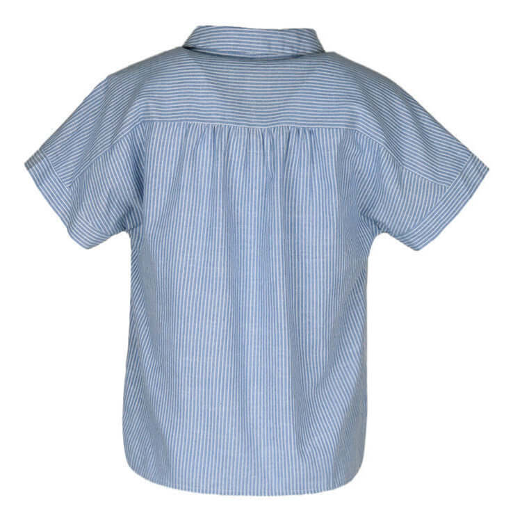 Back view of a blue striped short-sleeve blouse with a pleated yoke, designed for a relaxed and airy feel.