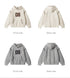 Product presentation showing front and back views of both color options. Top: cream hoodie with brown trim. Bottom: grey hoodie with black trim. Detailed '08' varsity number placement