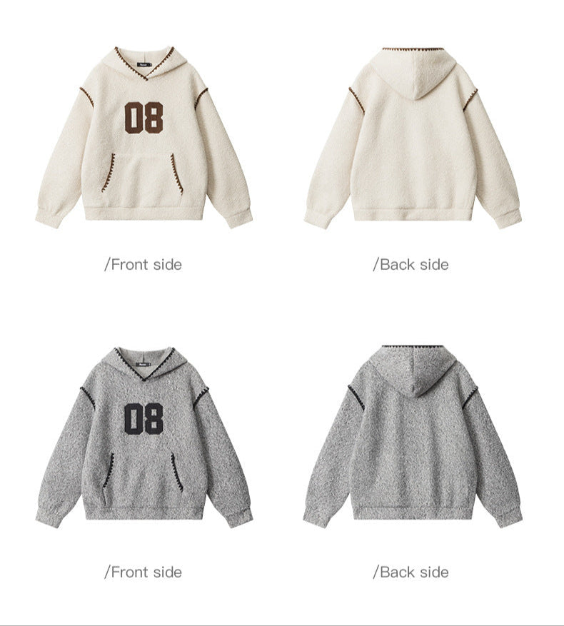 Product presentation showing front and back views of both color options. Top: cream hoodie with brown trim. Bottom: grey hoodie with black trim. Detailed '08' varsity number placement