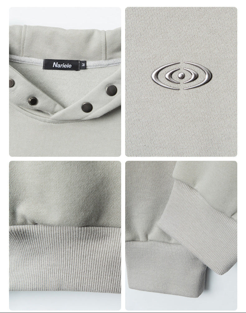 Design detail collage of light gray sweatshirt showing four features: snap-button hood with Nariele label, embossed eye logo, ribbed hem detail, and cuff construction