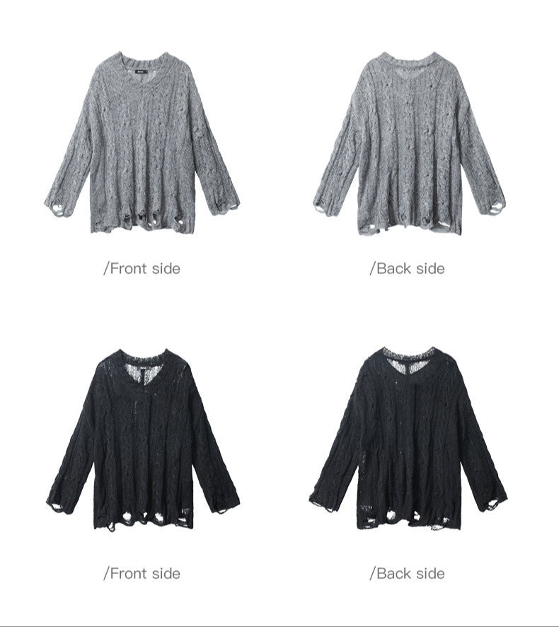 Product presentation showing front and back views of both sweaters. Top: grey cable-knit. Bottom: black cable-knit. Both featuring distressed details and hole patterns at hem