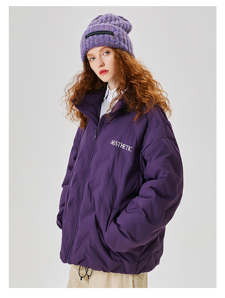 Side view of woman in purple Aesthetic quilted jacket with matching purple knit beanie, showing classic winter streetwear styling