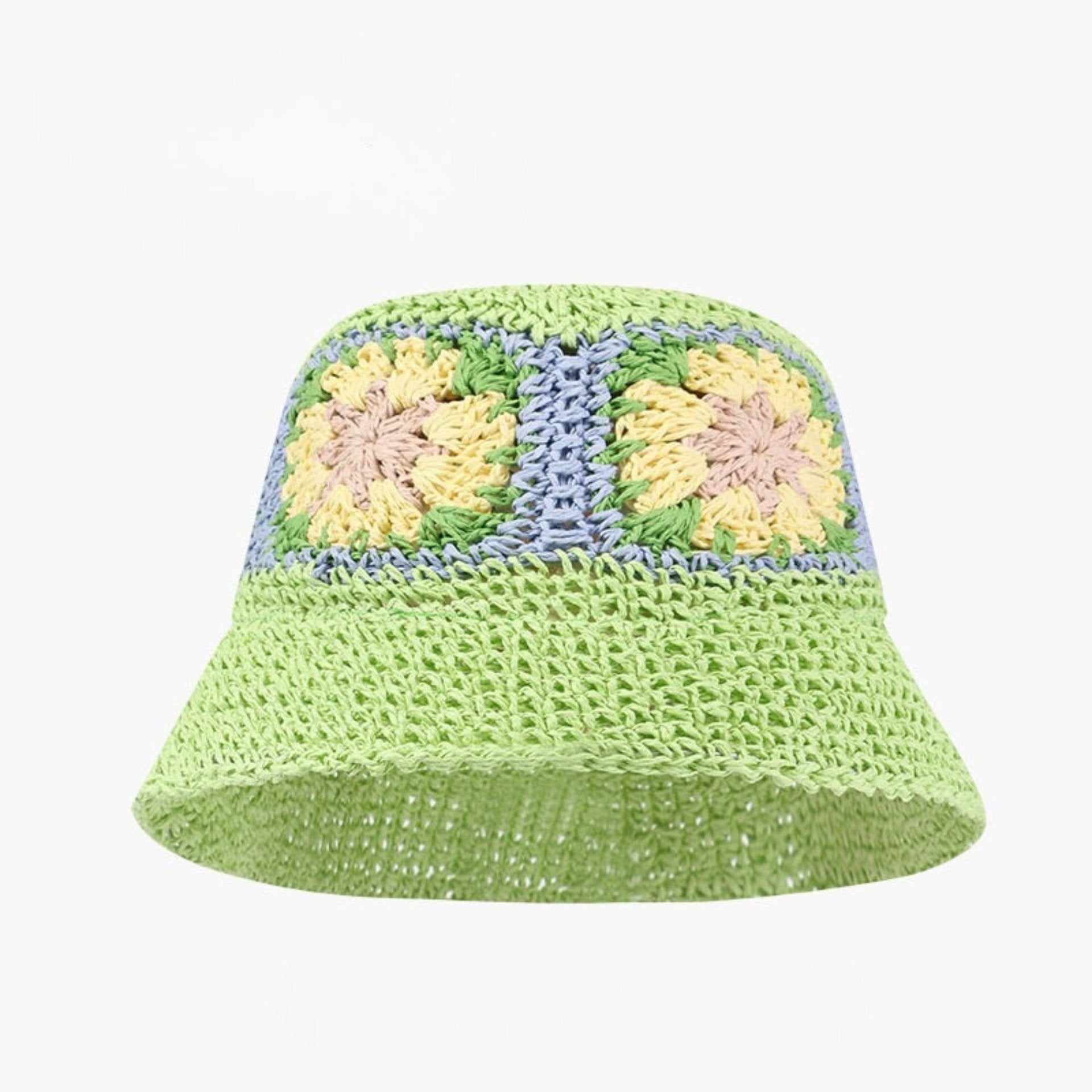 Green crochet bucket hat with pastel blue and yellow granny square floral patterns, labeled UPF50+ for sun protection.