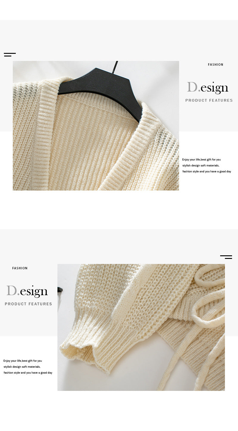 Two detail shots of cream cardigan showing ribbed collar and knit texture pattern
