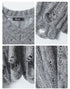 Design detail shots of grey sweater showing: 1. Nariele brand label and neckline construction 2. Cable knit pattern close-up 3. Distressed hem detail 4. Knit texture close-up.