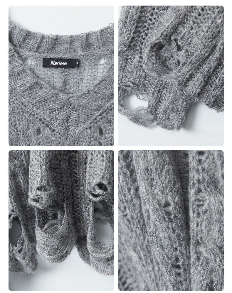 Design detail shots of grey sweater showing: 1. Nariele brand label and neckline construction 2. Cable knit pattern close-up 3. Distressed hem detail 4. Knit texture close-up.