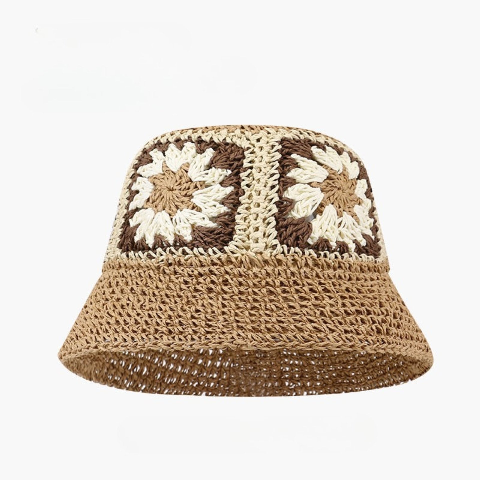 Brown crochet bucket hat with beige and brown granny square floral patterns, labeled UPF50+ for sun protection.