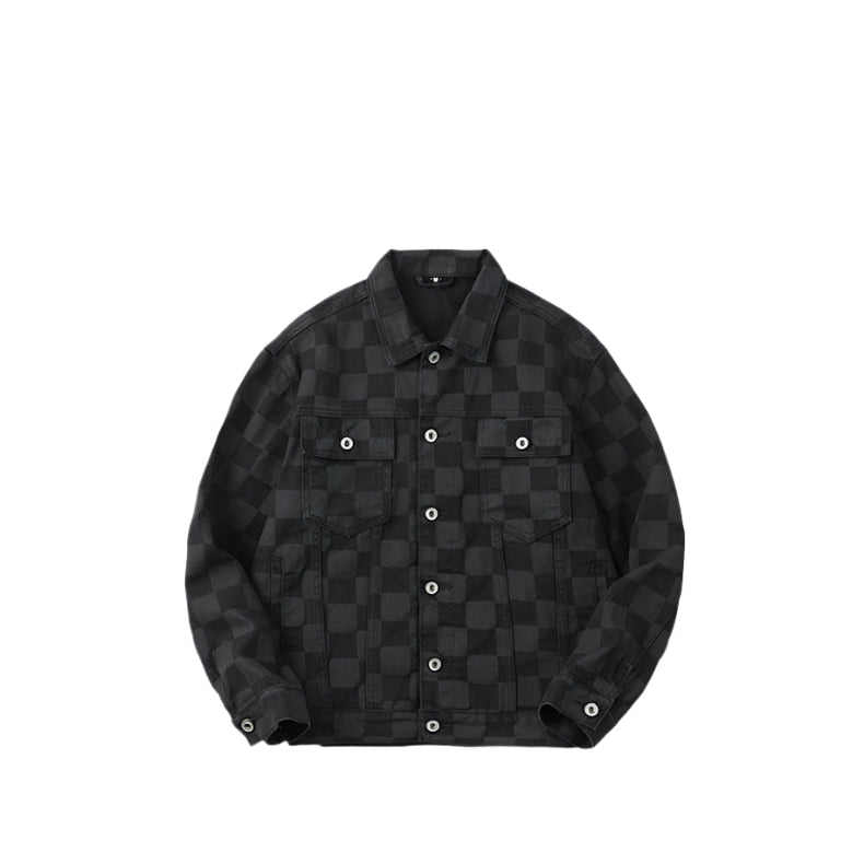 Product shot of black checkered utility jacket with button front closure