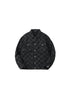 Product shot of black checkered utility jacket with button front closure