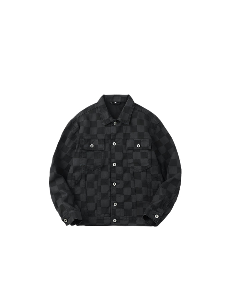 Product shot of black checkered utility jacket with button front closure