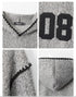 Design point details highlighting: 1. Hood construction with Nariele brand label 2. Varsity number '08' appliqué technique 3. Whipstitch trim detail 4. Textured fabric close-up.
