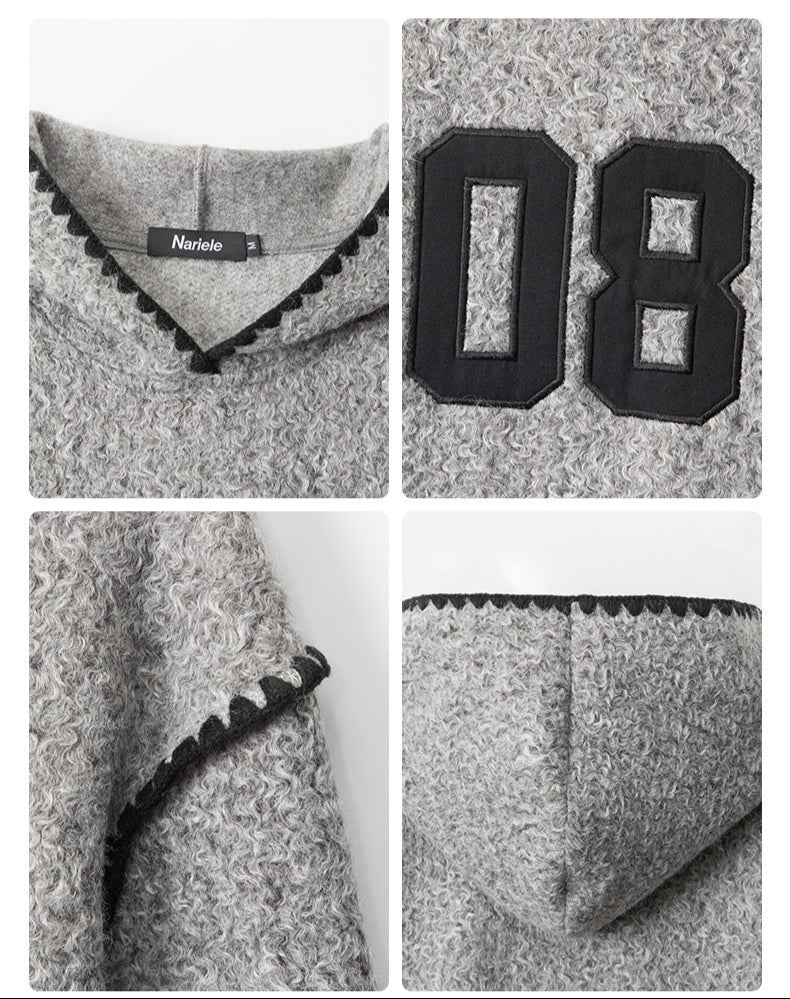 Design point details highlighting: 1. Hood construction with Nariele brand label 2. Varsity number '08' appliqué technique 3. Whipstitch trim detail 4. Textured fabric close-up.