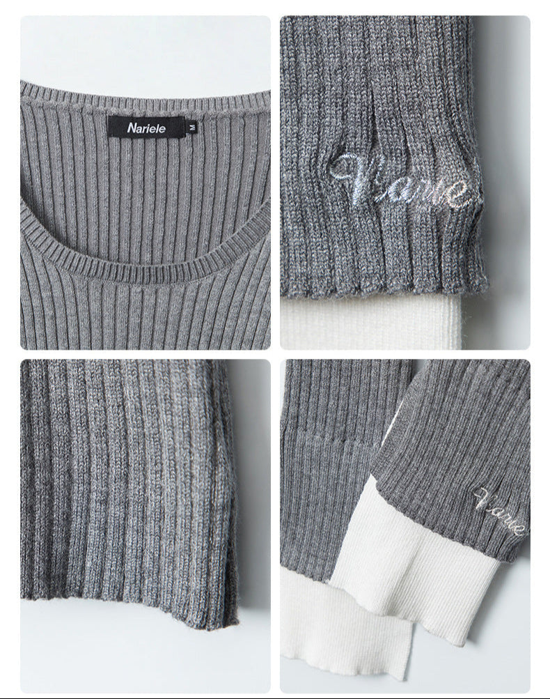 Design detail shots showing: 1. Nariele brand label and neckline construction 2. Logo embroidery on sleeve 3. Ribbed knit texture 4. White contrast cuff detail.