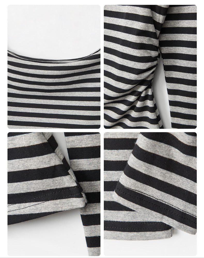 Close-up details of striped fabric and neckline construction