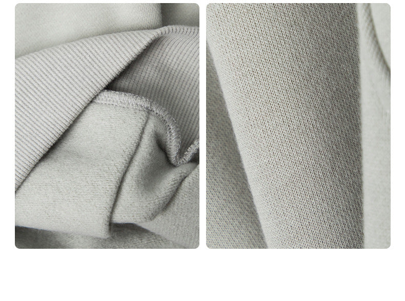 Close-up fabric detail shots showing ribbed texture and material construction of light gray sweatshirt