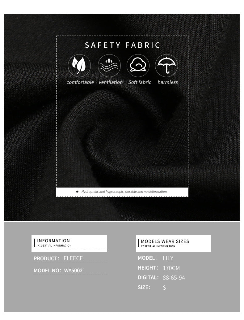 Product specs showing safety fabric features - comfortable, ventilated, soft, and harmless materials