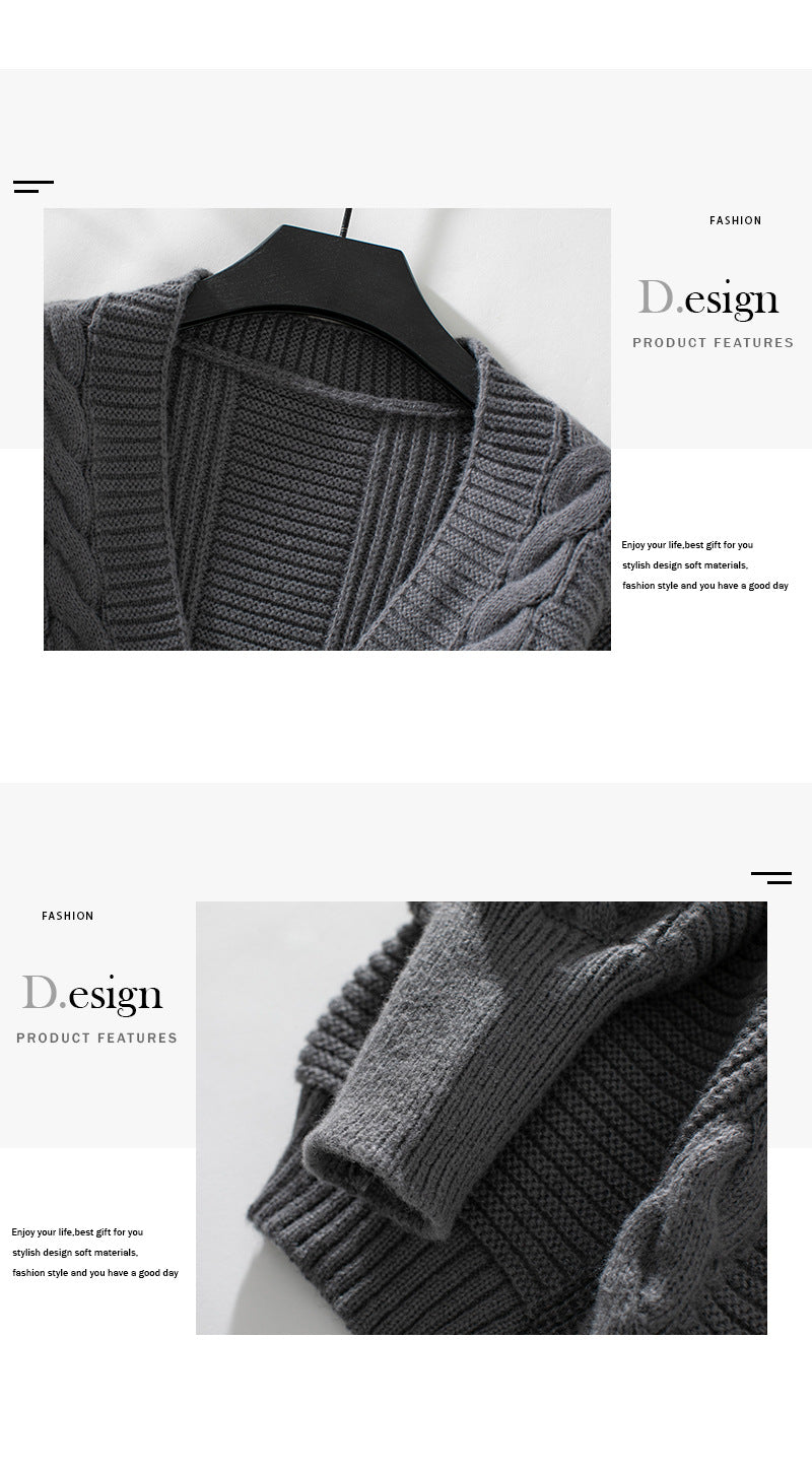 Product feature image showing detailed stitching and ribbed collar of gray cable knit cardigan with design elements