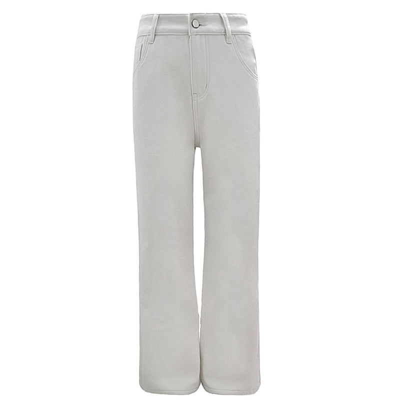 White high-waisted wide-leg pants with traditional five-pocket styling, button closure and relaxed silhouette, photographed flat