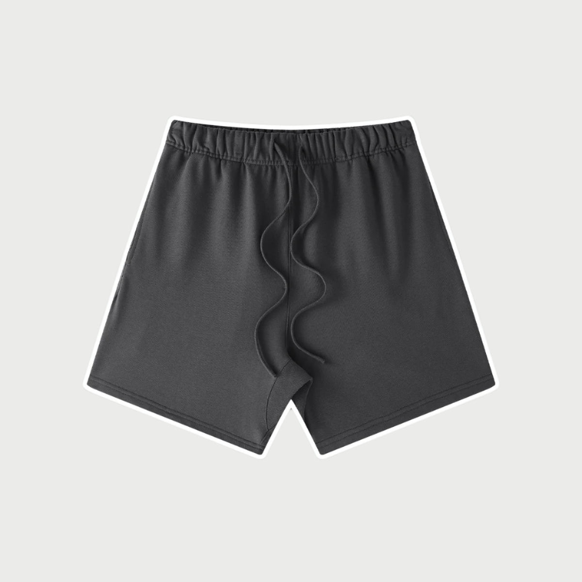 Charcoal gray elastic waist shorts with drawstring displayed flat against light gray background