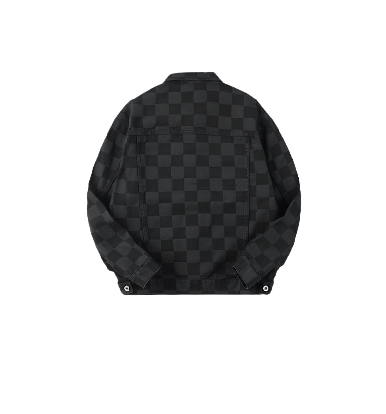 Back view of black checkered jacket showing full pattern detail