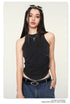 Black sleeveless top showing side gathering detail