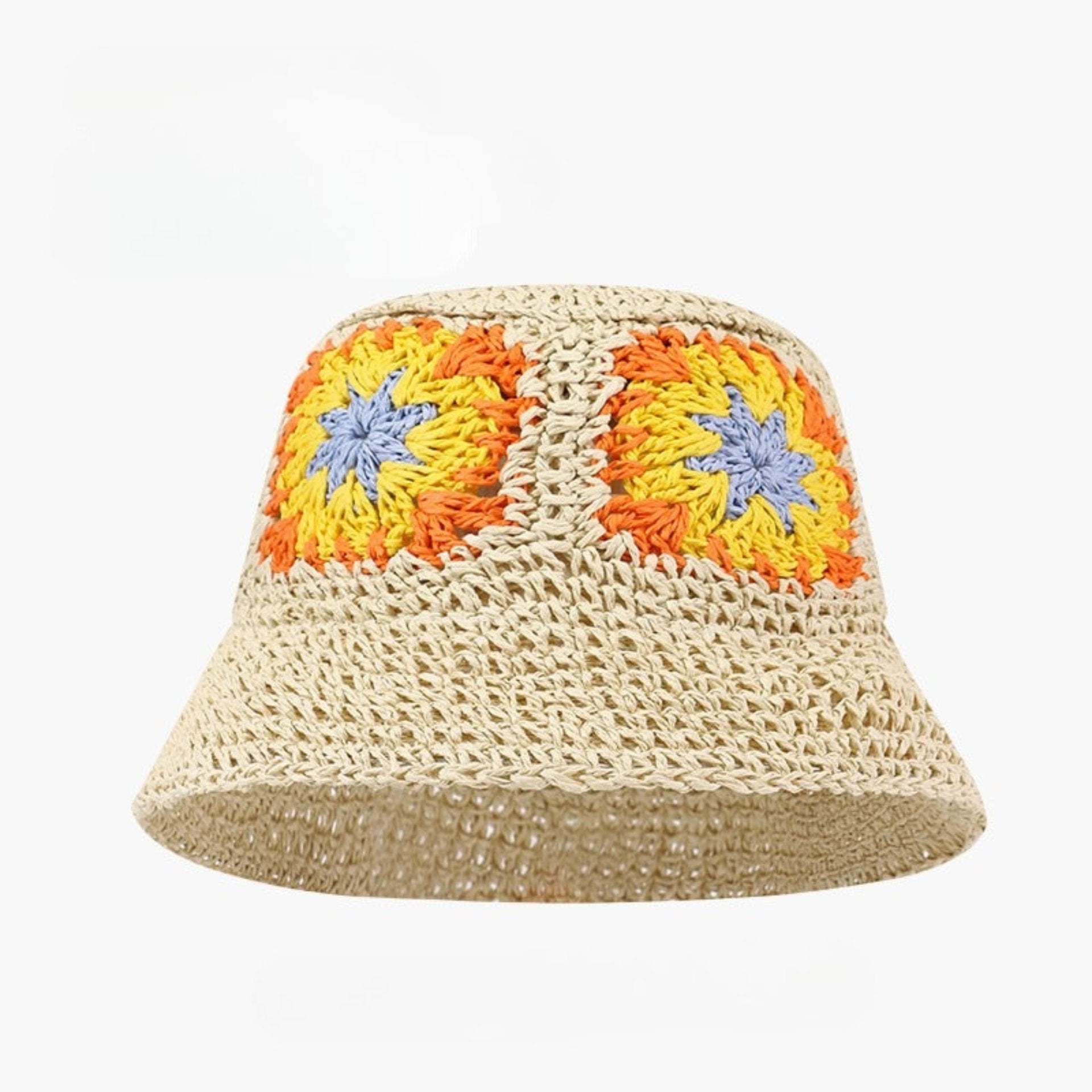 Beige crochet bucket hat with bright orange, yellow, and blue granny square floral patterns, labeled UPF50+ for sun protection.